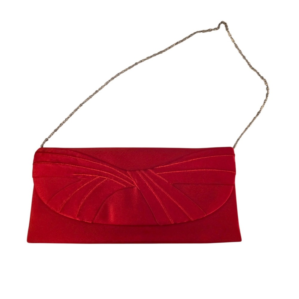 Bijoux Terner Red Satin Evening Bag Clutch Pleated Formal Wedding Prom Chain